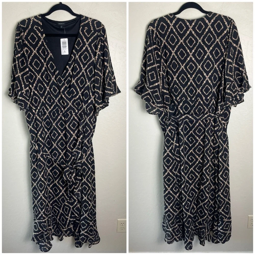 Torrid Black Floral Geometric Maxi Georgette Surplice Hi-Low Dress 3X NWT - Picture 2 of 16